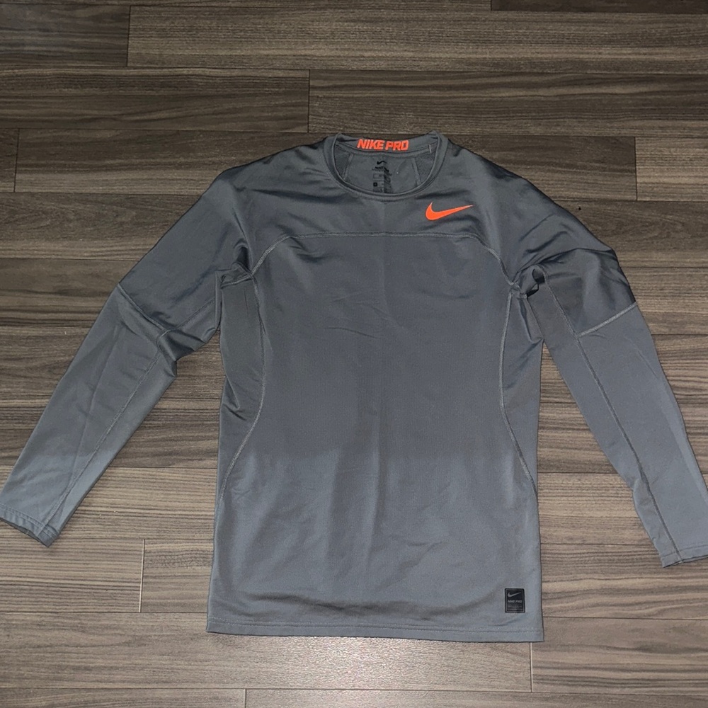 Nike Pro Dark Gray Long Sleeve Shirt with Orange Swoosh